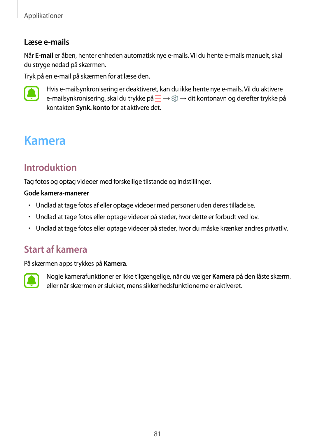 Samsung SM-T825NZSANEE manual Start af kamera, Læse e-mails, Gode kamera-manerer, På skærmen apps trykkes på Kamera 