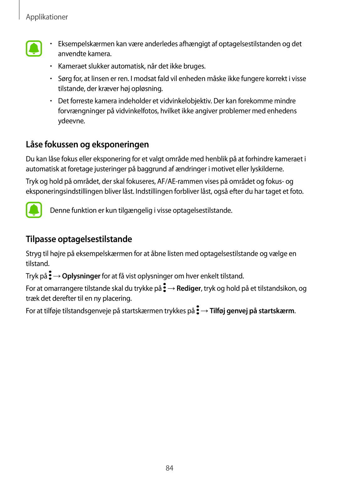 Samsung SM-T825NZKANEE, SM-T825NZSANEE manual Låse fokussen og eksponeringen, Tilpasse optagelsestilstande 