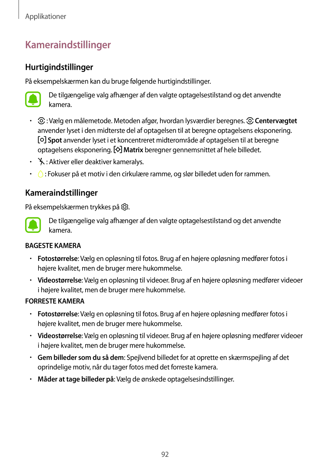 Samsung SM-T825NZKANEE, SM-T825NZSANEE manual Kameraindstillinger, Hurtigindstillinger 