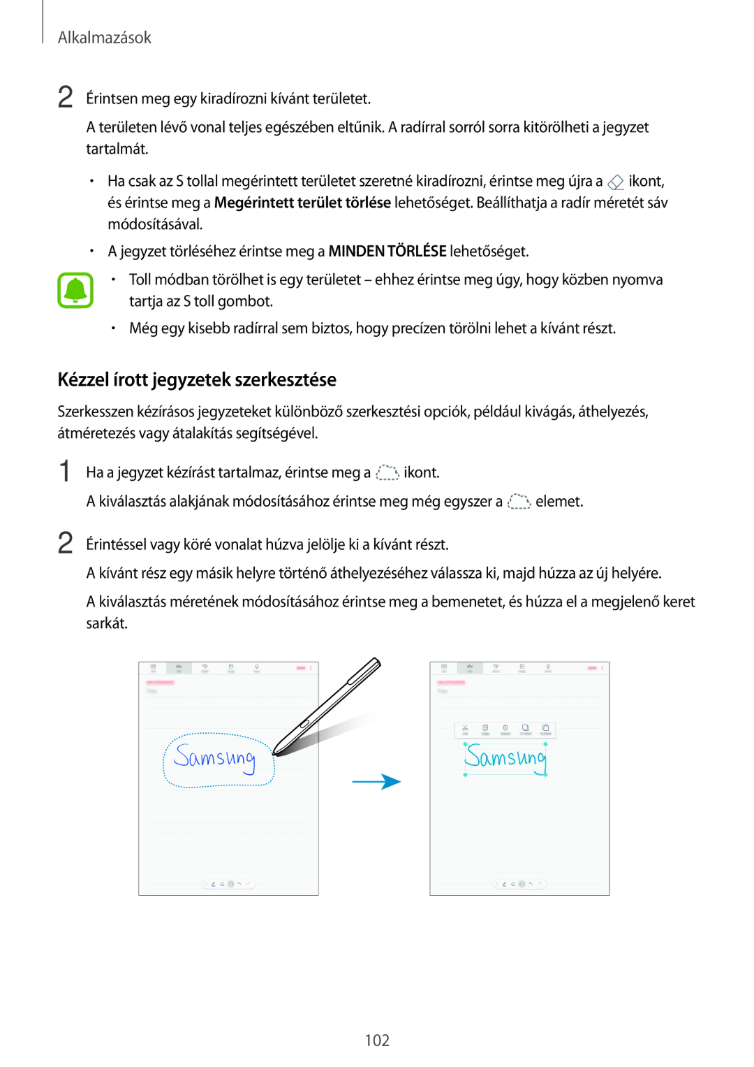 Samsung SM-T825NZKAXEH manual Kézzel írott jegyzetek szerkesztése 