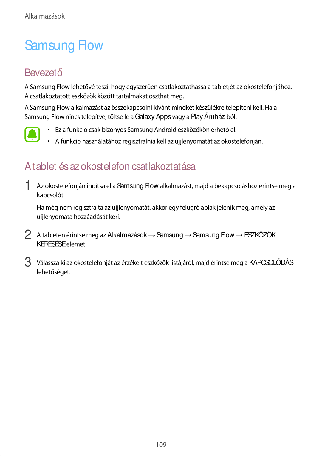 Samsung SM-T825NZKAXEH manual Samsung Flow, Tablet és az okostelefon csatlakoztatása 