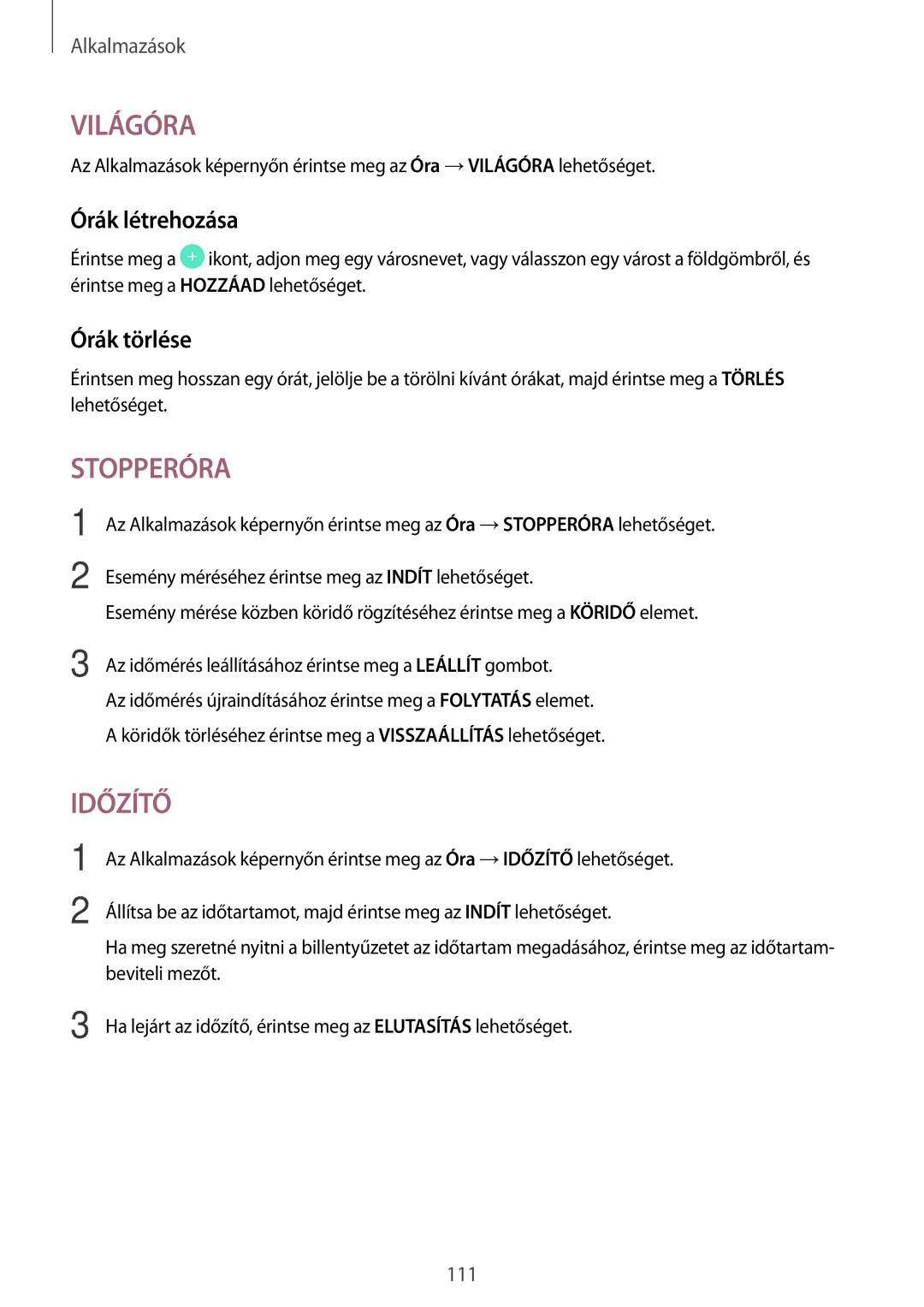 Samsung SM-T825NZKAXEH manual Órák létrehozása, Órák törlése 