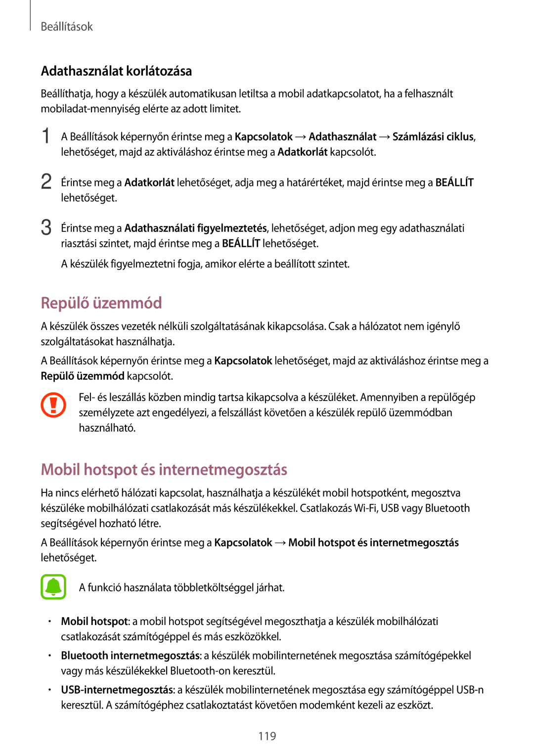 Samsung SM-T825NZKAXEH manual Repülő üzemmód, Mobil hotspot és internetmegosztás, Adathasználat korlátozása 