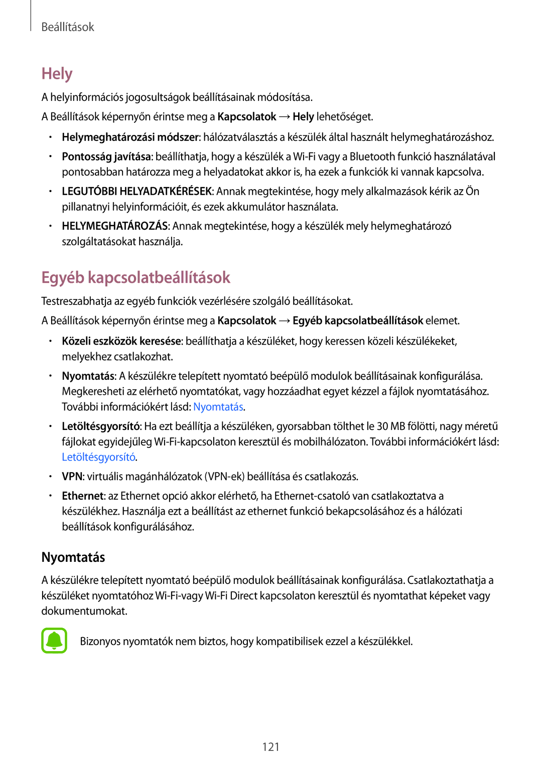 Samsung SM-T825NZKAXEH manual Hely, Egyéb kapcsolatbeállítások, Nyomtatás 