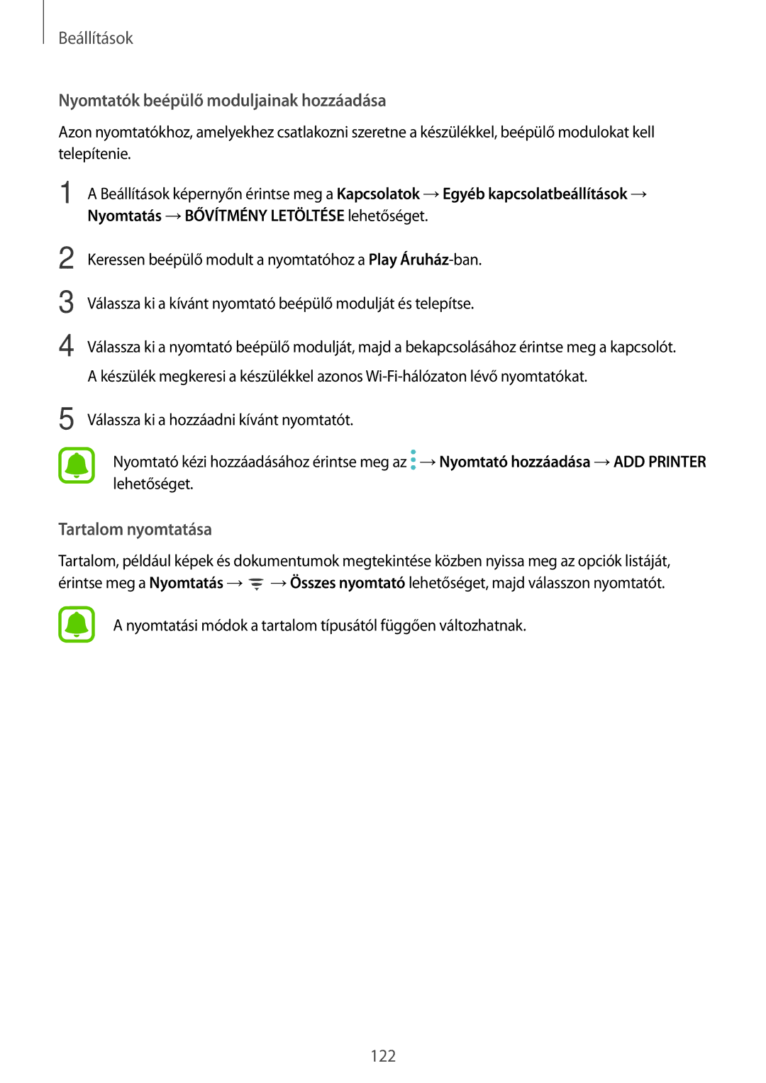 Samsung SM-T825NZKAXEH manual Nyomtatók beépülő moduljainak hozzáadása 