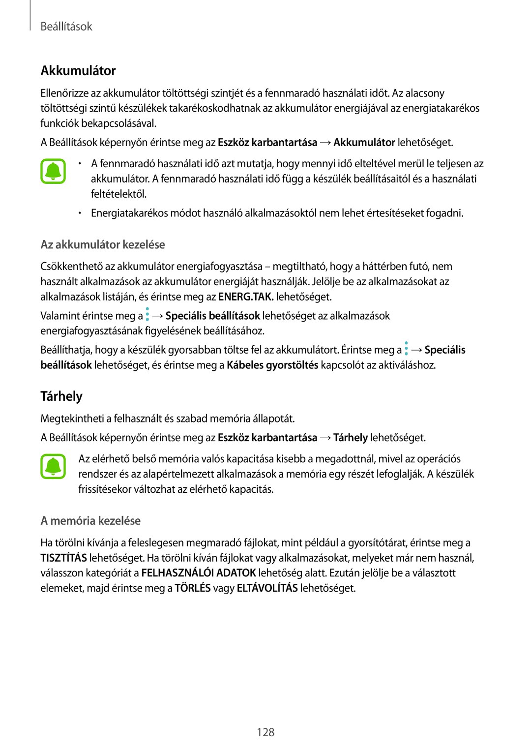 Samsung SM-T825NZKAXEH manual Akkumulátor, Tárhely 