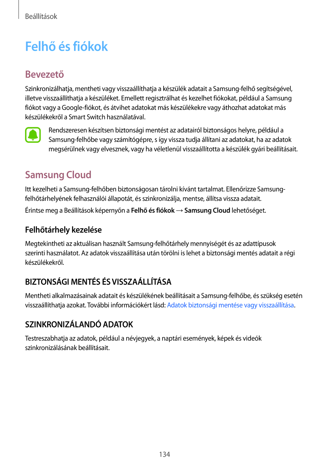 Samsung SM-T825NZKAXEH manual Felhő és fiókok, Samsung Cloud, Felhőtárhely kezelése 