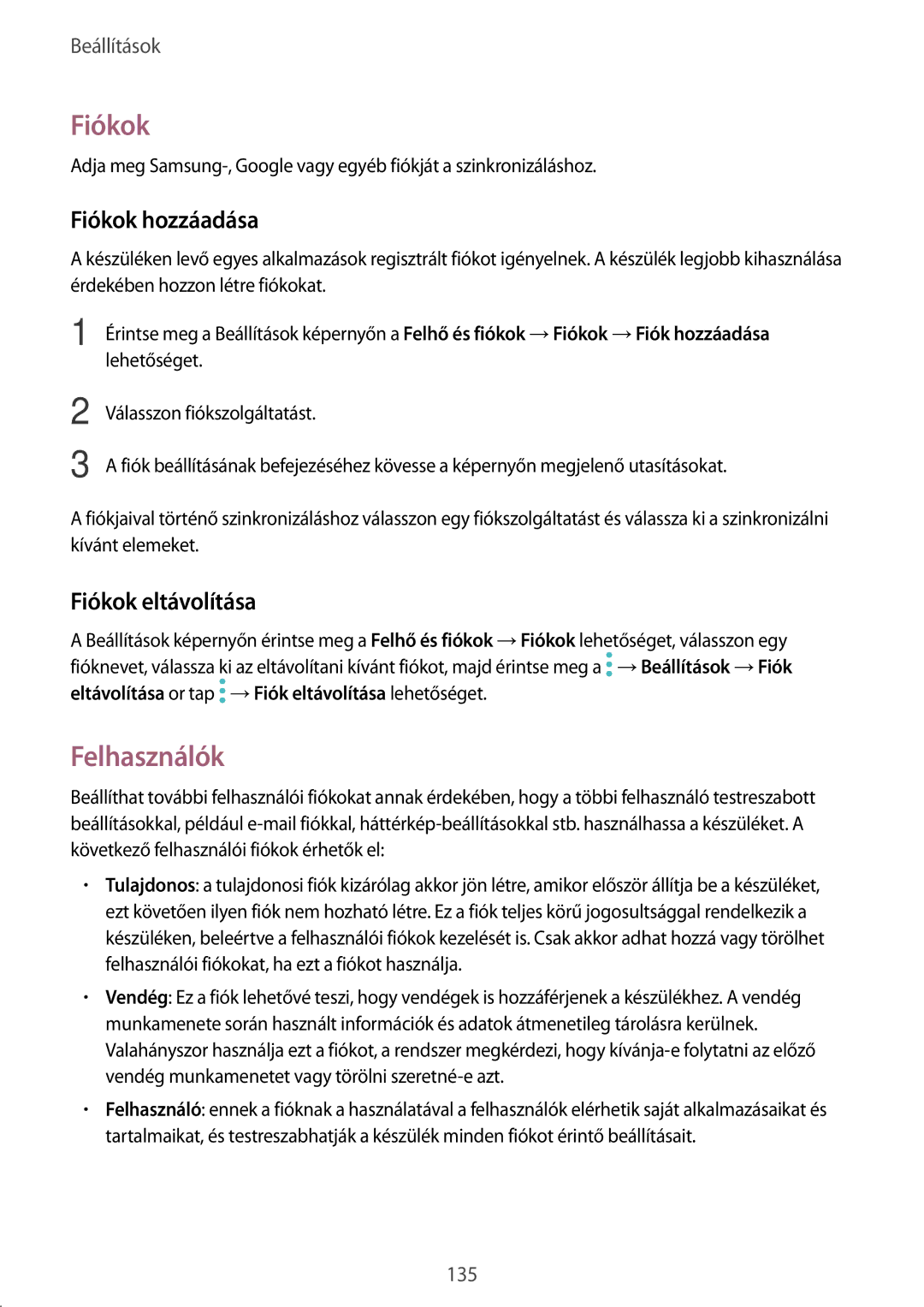 Samsung SM-T825NZKAXEH manual Felhasználók, Fiókok hozzáadása, Fiókok eltávolítása 