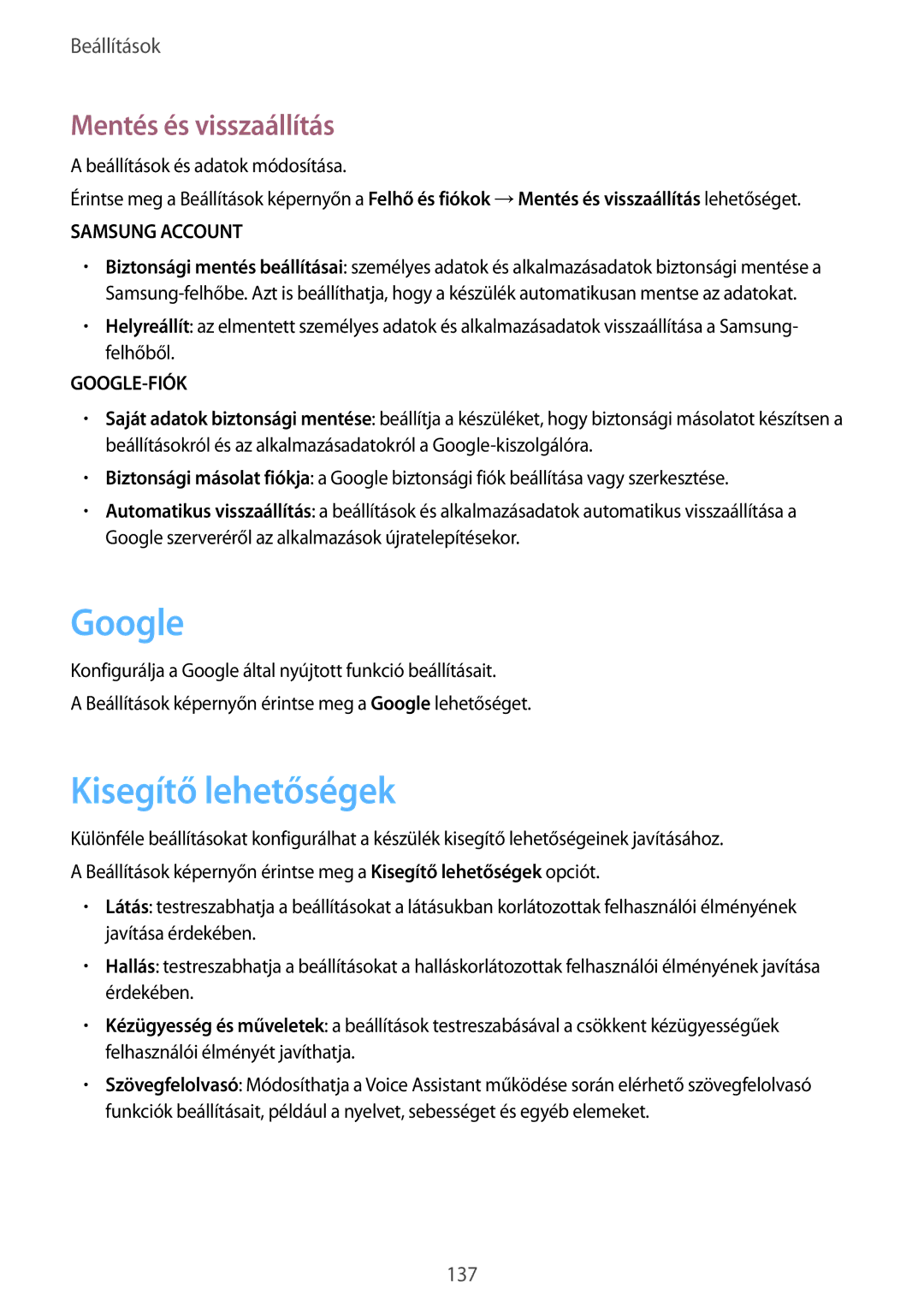 Samsung SM-T825NZKAXEH manual Google, Kisegítő lehetőségek, Mentés és visszaállítás 