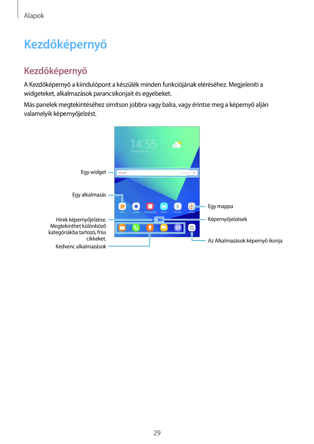 Samsung SM-T825NZKAXEH manual Kezdőképernyő 