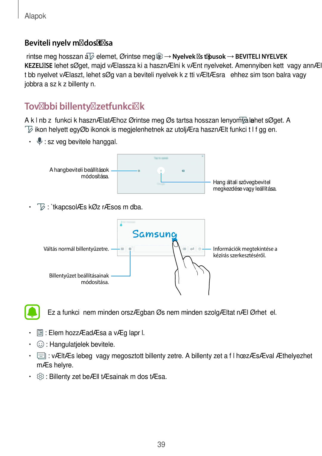 Samsung SM-T825NZKAXEH manual További billentyűzetfunkciók, Beviteli nyelv módosítása 