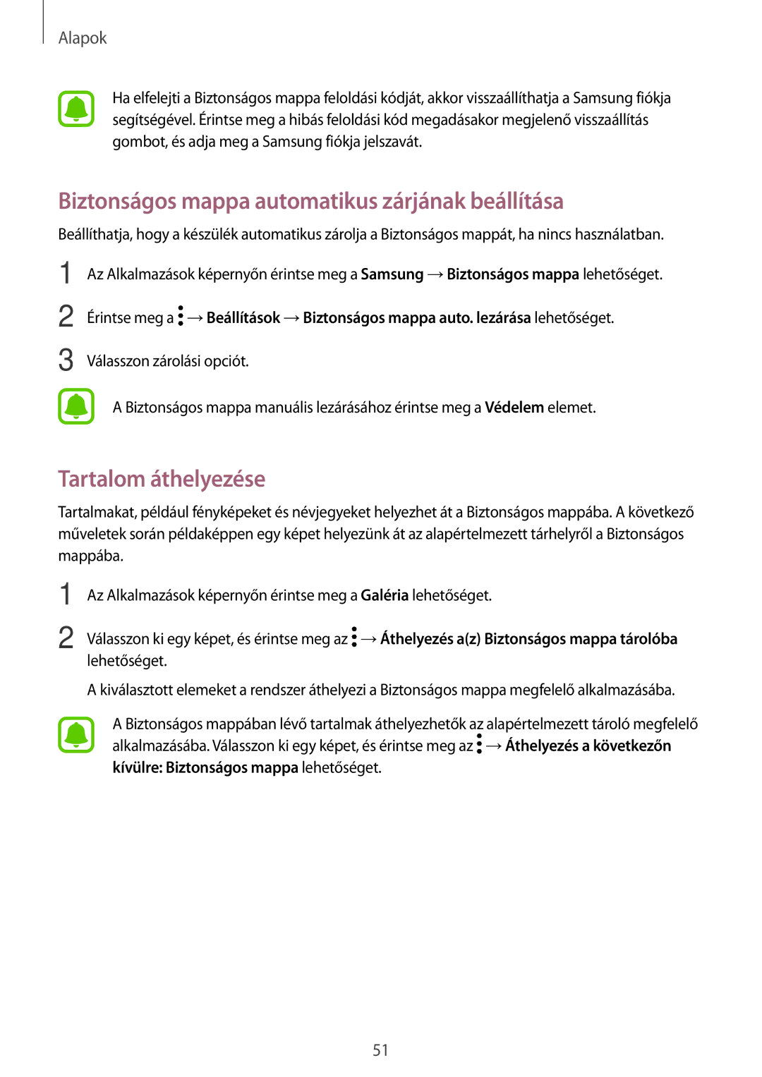 Samsung SM-T825NZKAXEH manual Biztonságos mappa automatikus zárjának beállítása, Tartalom áthelyezése 