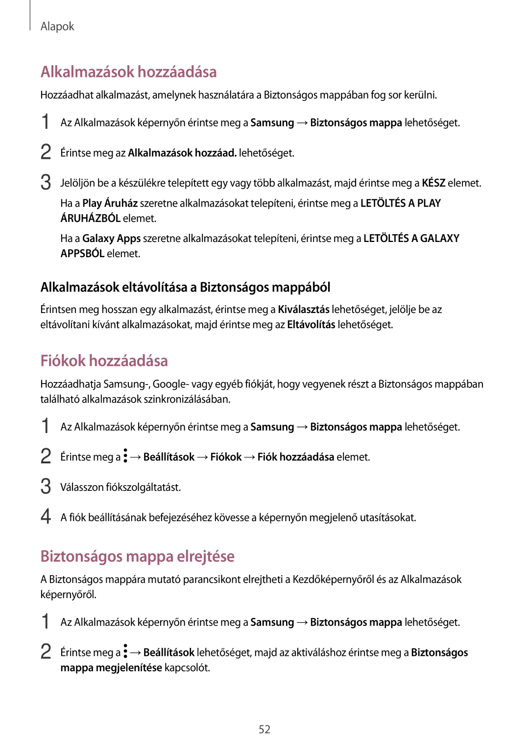 Samsung SM-T825NZKAXEH manual Alkalmazások hozzáadása, Fiókok hozzáadása, Biztonságos mappa elrejtése 