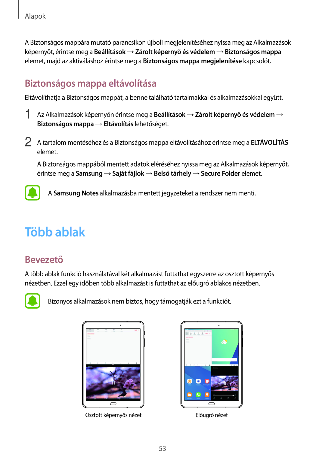 Samsung SM-T825NZKAXEH manual Több ablak, Biztonságos mappa eltávolítása 