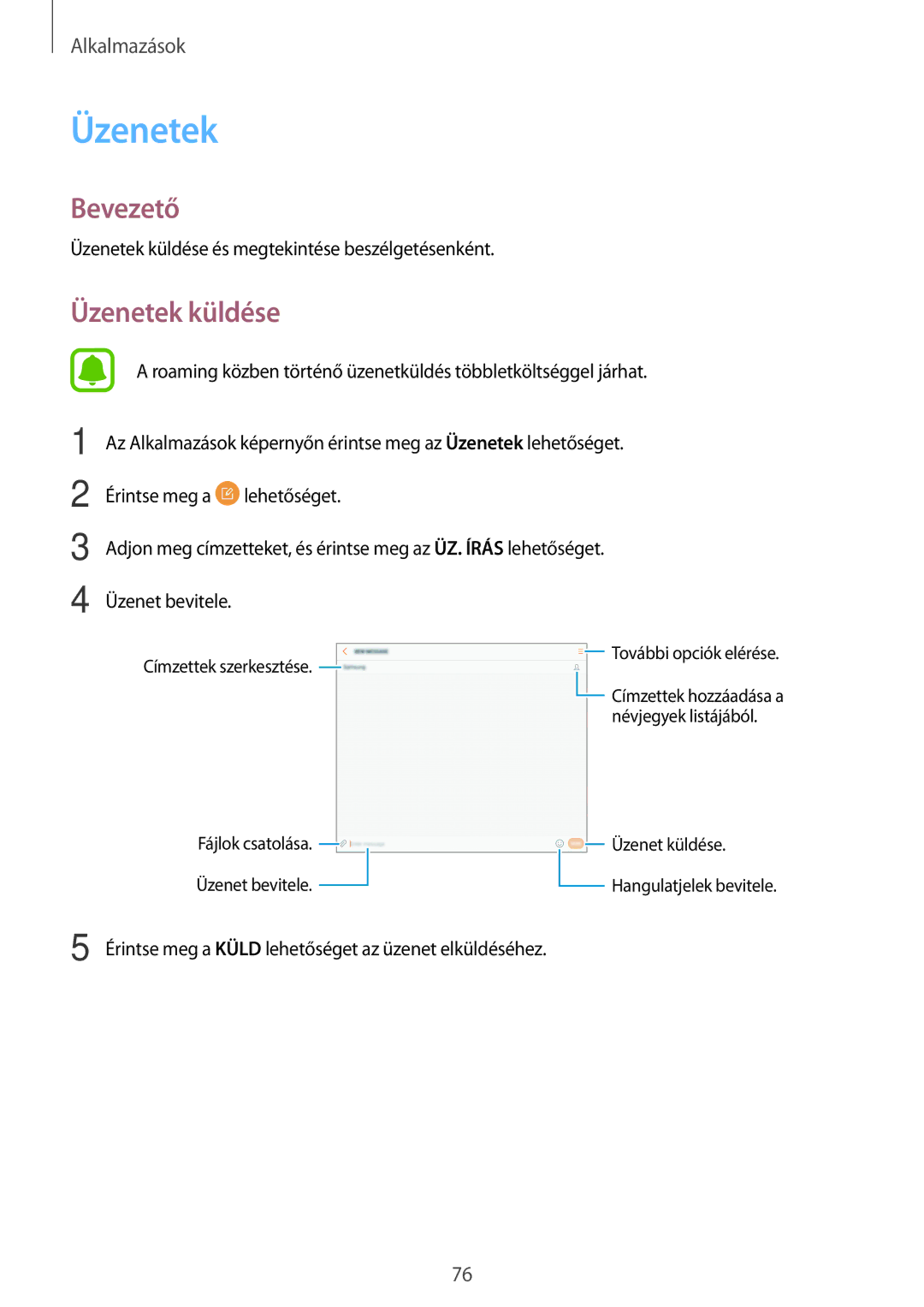 Samsung SM-T825NZKAXEH manual Üzenetek küldése 