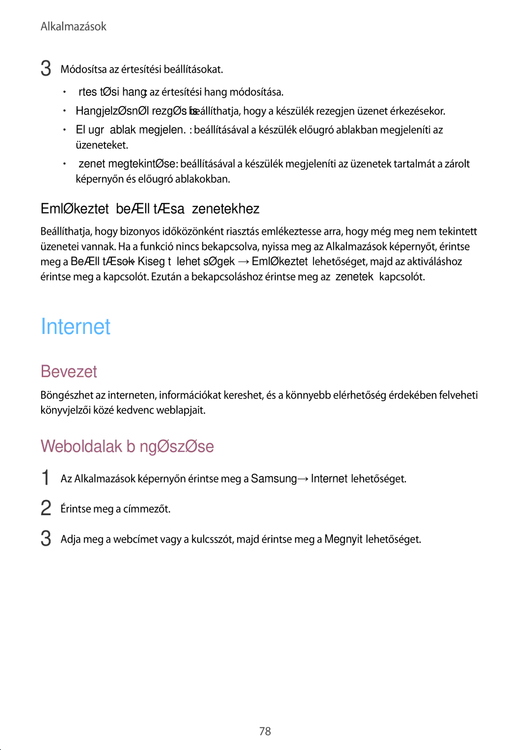 Samsung SM-T825NZKAXEH manual Internet, Weboldalak böngészése, Emlékeztető beállítása üzenetekhez 