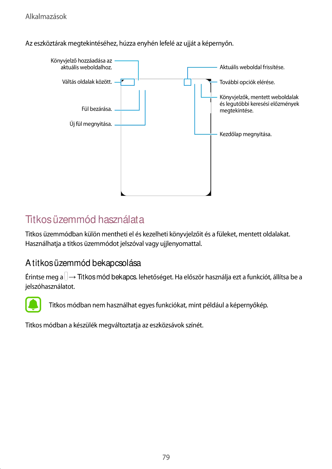 Samsung SM-T825NZKAXEH manual Titkos üzemmód használata, Titkos üzemmód bekapcsolása 