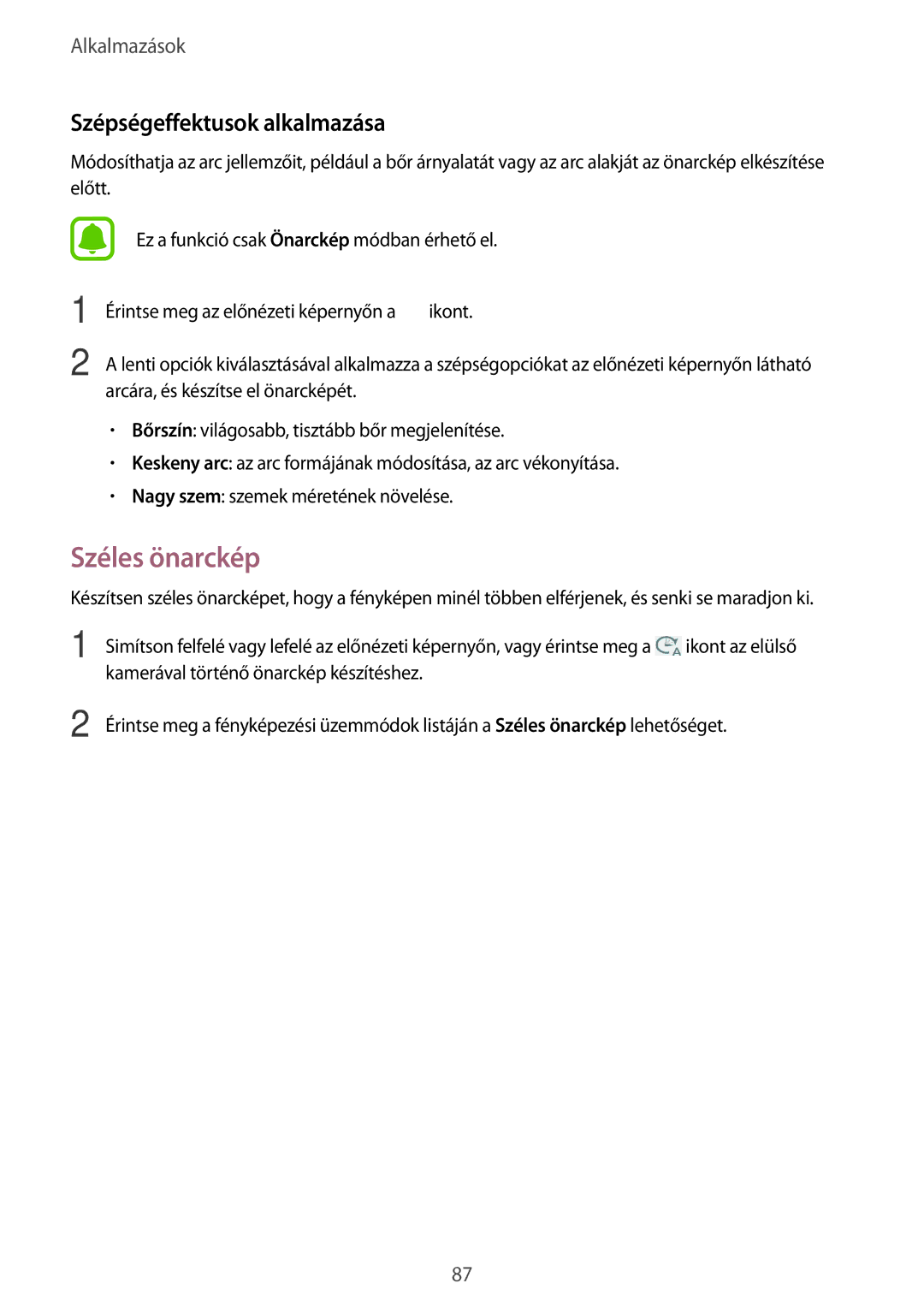 Samsung SM-T825NZKAXEH manual Széles önarckép, Szépségeffektusok alkalmazása 