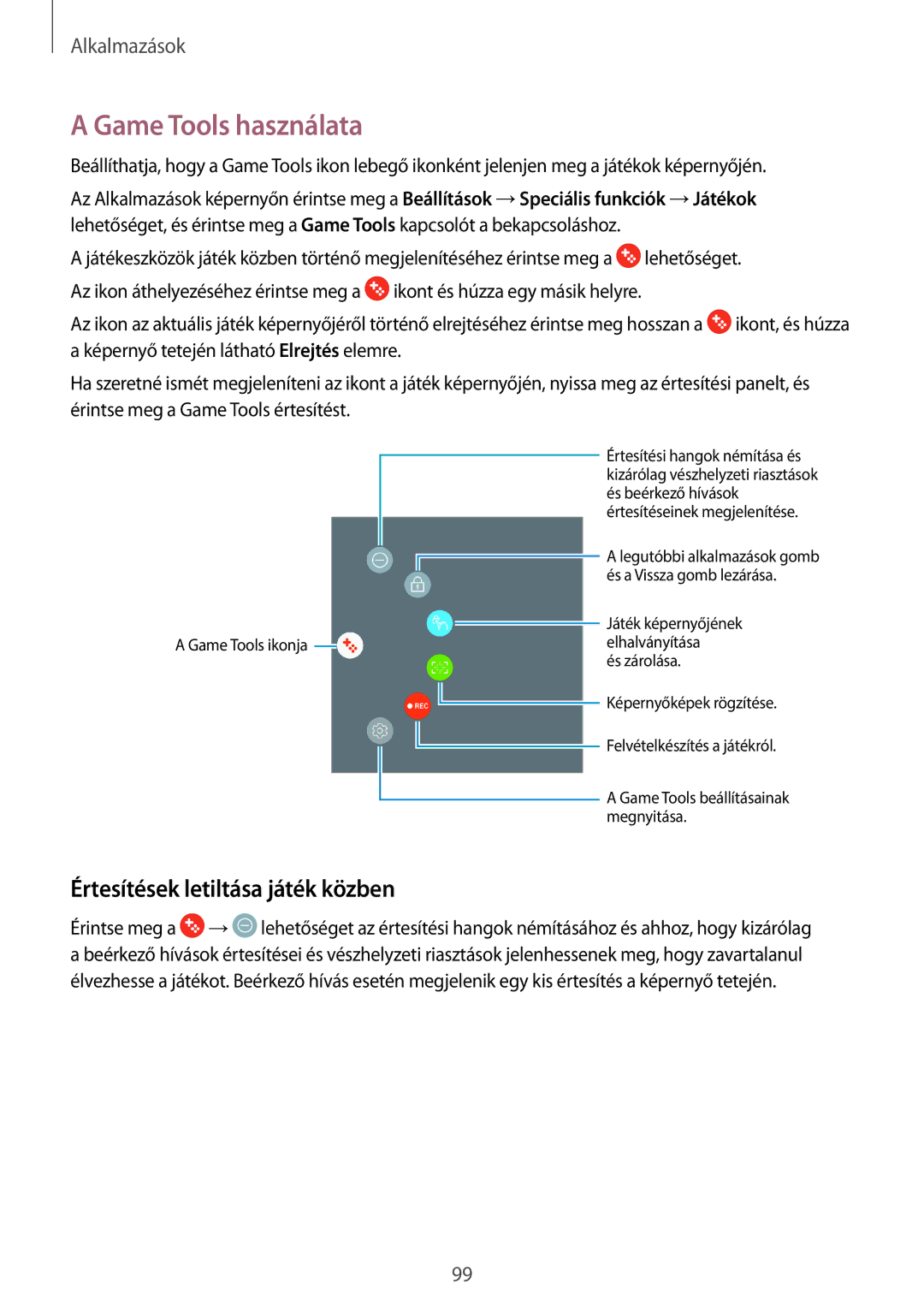 Samsung SM-T825NZKAXEH manual Game Tools használata, Értesítések letiltása játék közben 