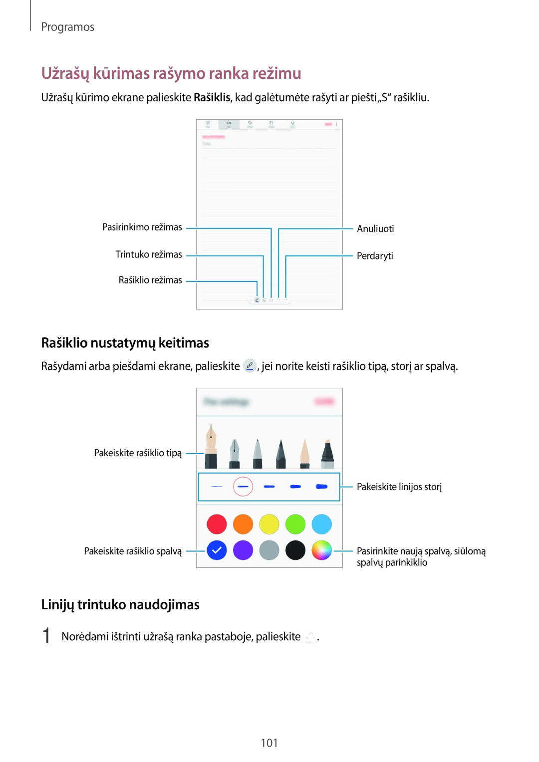 Samsung SM-T825NZKASEB manual Užrašų kūrimas rašymo ranka režimu, Rašiklio nustatymų keitimas, Linijų trintuko naudojimas 
