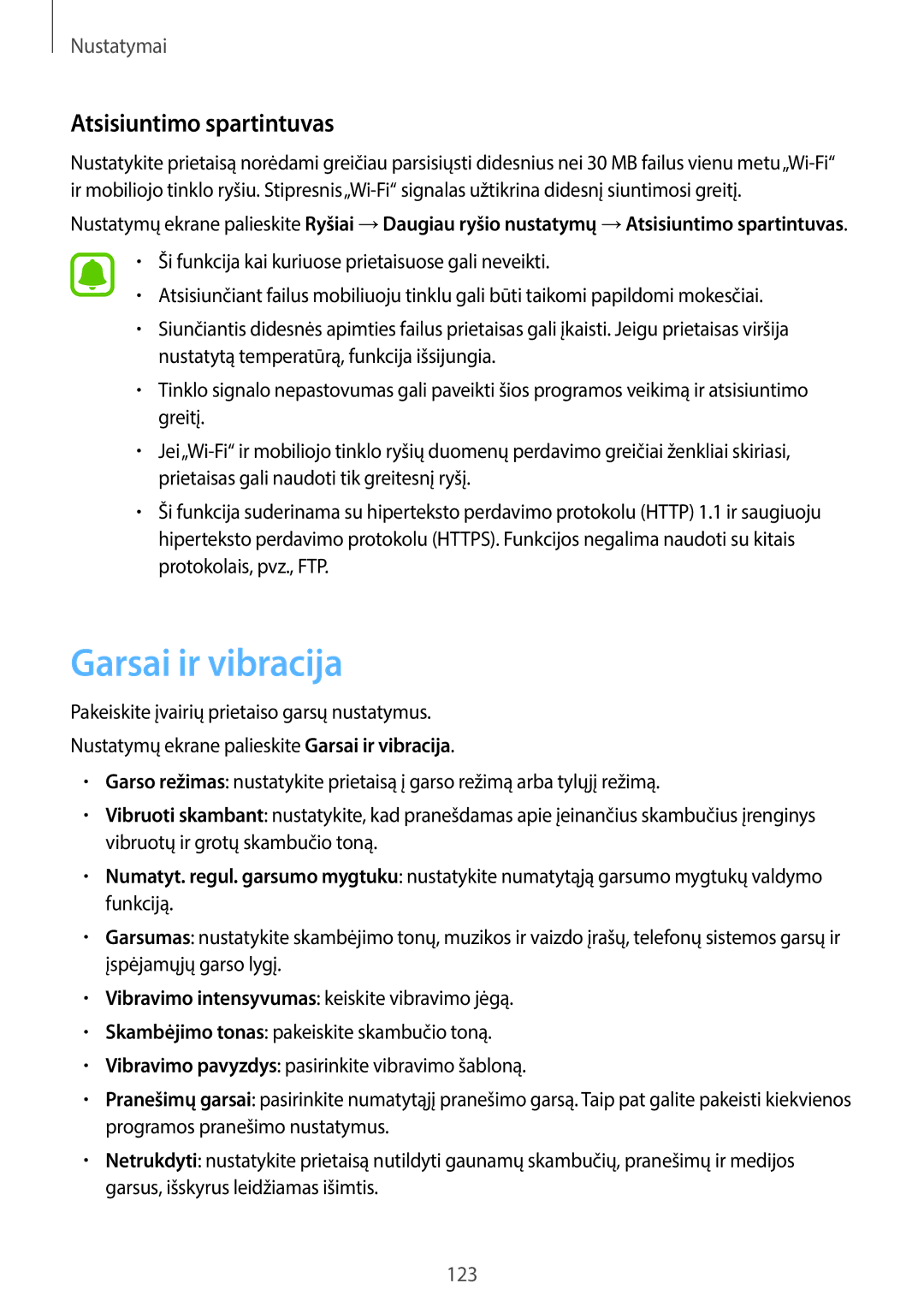 Samsung SM-T825NZKASEB, SM-T825NZSASEB manual Garsai ir vibracija, Atsisiuntimo spartintuvas 