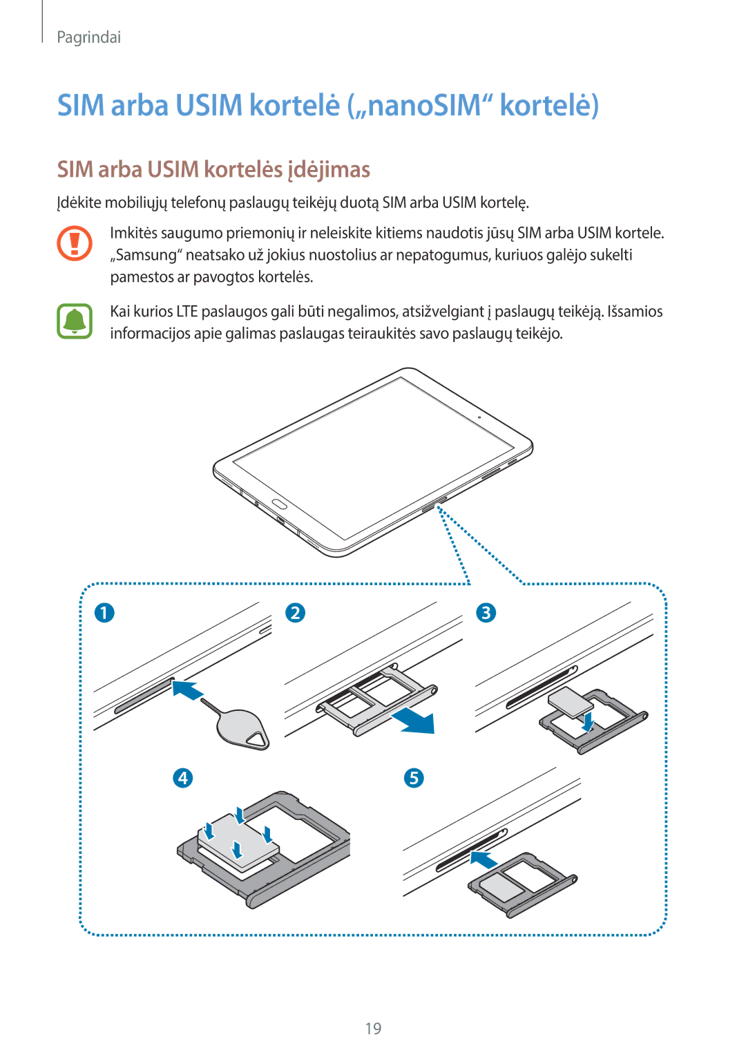 Samsung SM-T825NZKASEB, SM-T825NZSASEB manual SIM arba Usim kortelė „nanoSIM kortelė, SIM arba Usim kortelės įdėjimas 