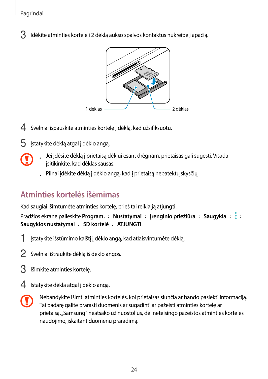 Samsung SM-T825NZSASEB, SM-T825NZKASEB manual Atminties kortelės išėmimas 