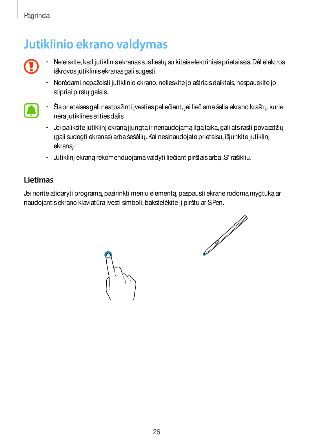 Samsung SM-T825NZSASEB, SM-T825NZKASEB manual Jutiklinio ekrano valdymas, Lietimas 