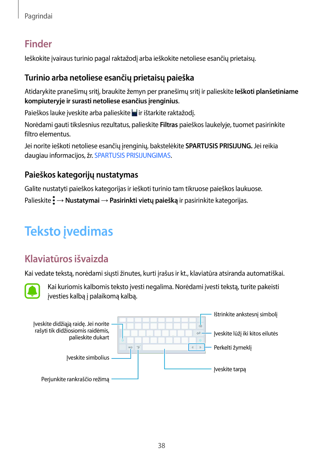 Samsung SM-T825NZSASEB Teksto įvedimas, Finder, Klaviatūros išvaizda, Turinio arba netoliese esančių prietaisų paieška 