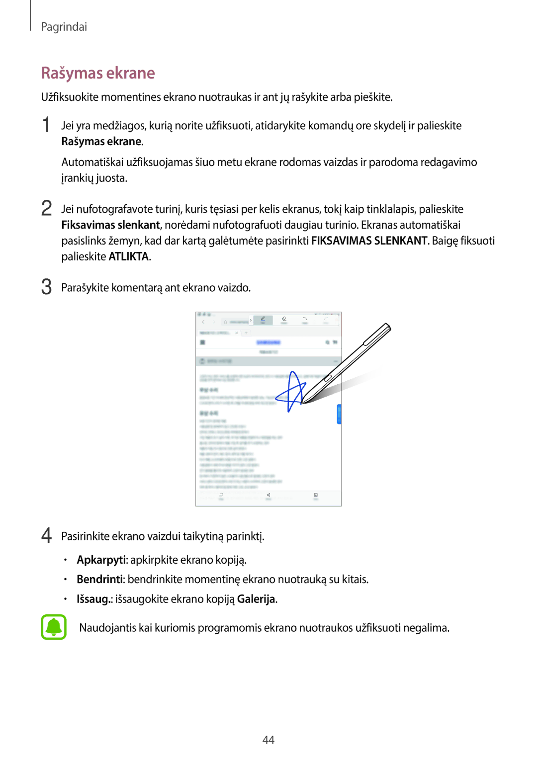 Samsung SM-T825NZSASEB manual Rašymas ekrane, Įrankių juosta, Palieskite Atlikta, Parašykite komentarą ant ekrano vaizdo 