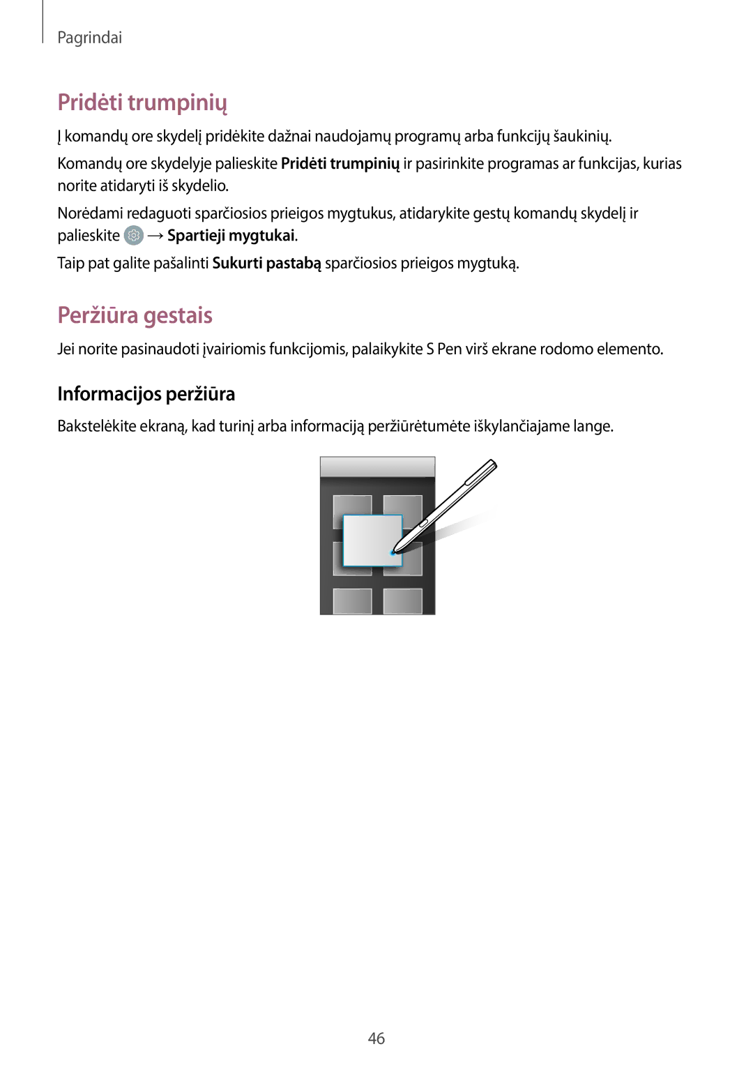 Samsung SM-T825NZSASEB, SM-T825NZKASEB manual Pridėti trumpinių, Peržiūra gestais, Informacijos peržiūra 