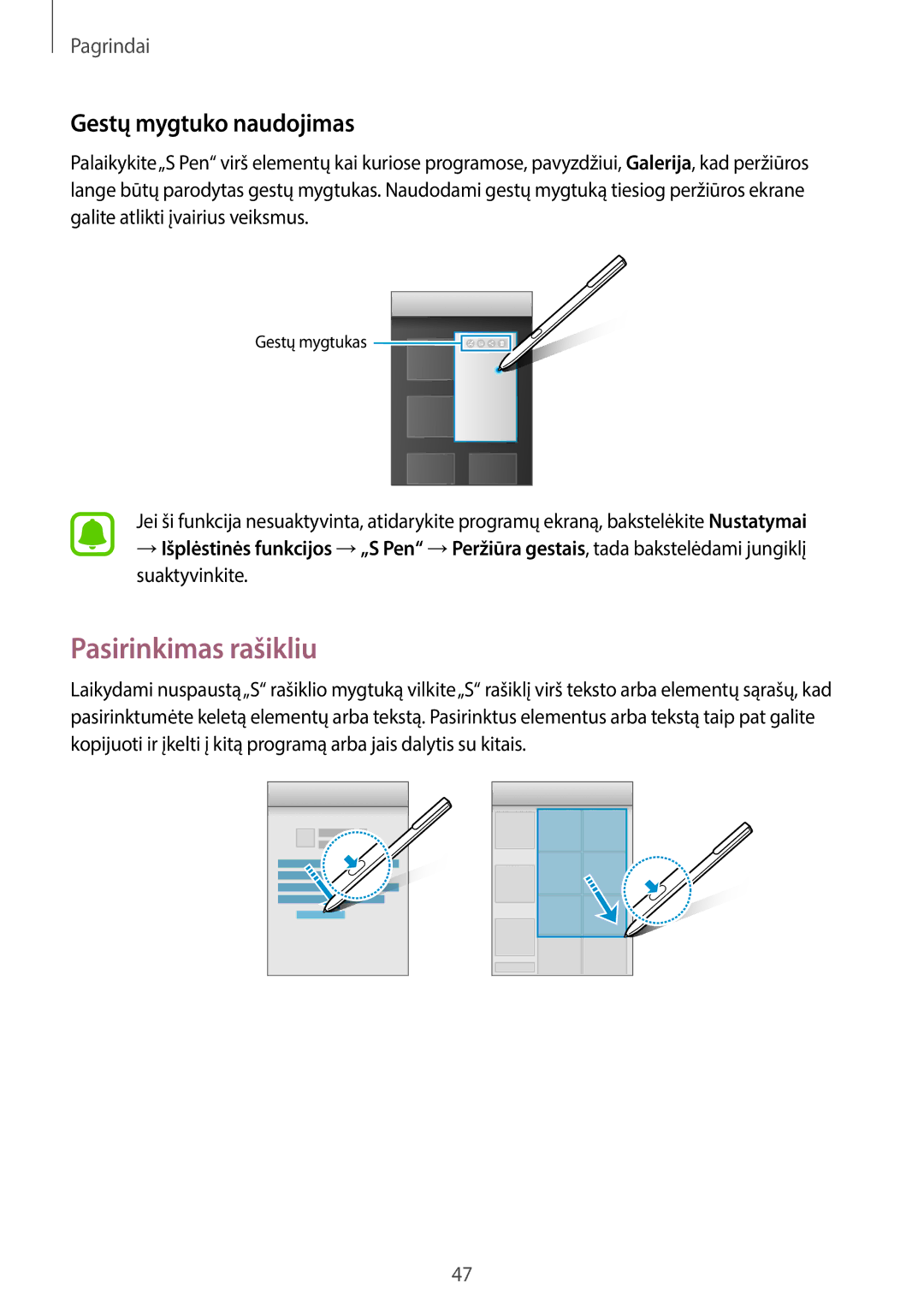 Samsung SM-T825NZKASEB, SM-T825NZSASEB manual Pasirinkimas rašikliu, Gestų mygtuko naudojimas 