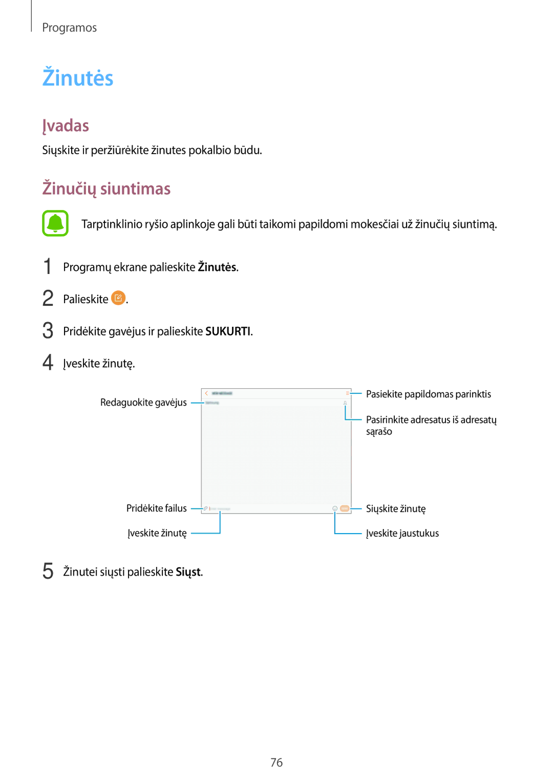 Samsung SM-T825NZSASEB, SM-T825NZKASEB manual Žinutės, Žinučių siuntimas, Siųskite ir peržiūrėkite žinutes pokalbio būdu 