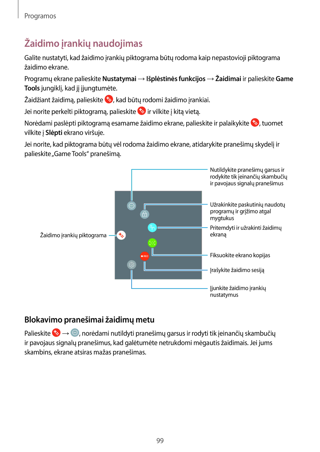 Samsung SM-T825NZKASEB, SM-T825NZSASEB manual Žaidimo įrankių naudojimas, Blokavimo pranešimai žaidimų metu 