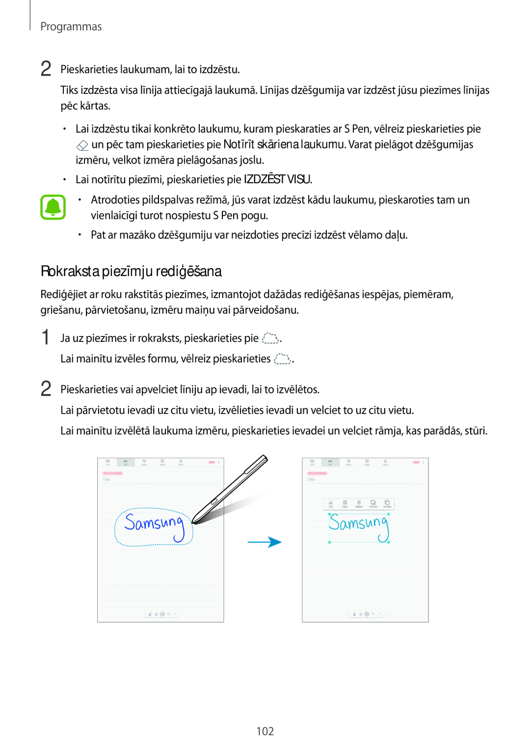 Samsung SM-T825NZSASEB, SM-T825NZKASEB manual Rokraksta piezīmju rediģēšana 