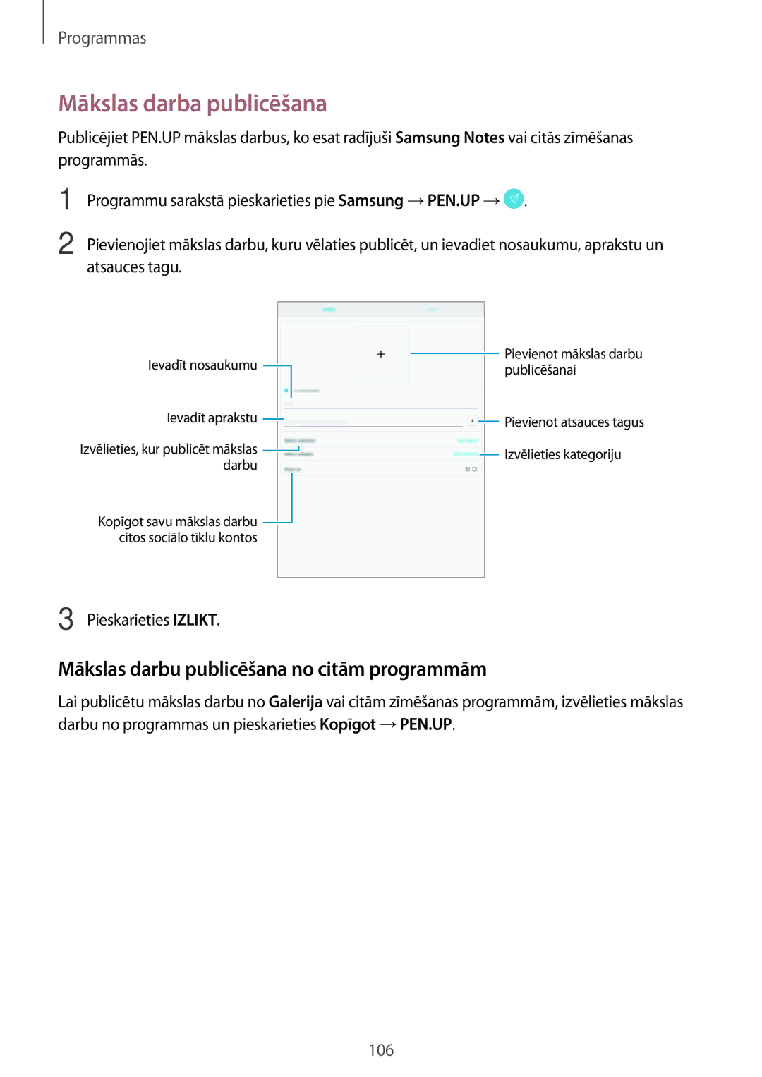 Samsung SM-T825NZSASEB Mākslas darba publicēšana, Mākslas darbu publicēšana no citām programmām, Pieskarieties Izlikt 