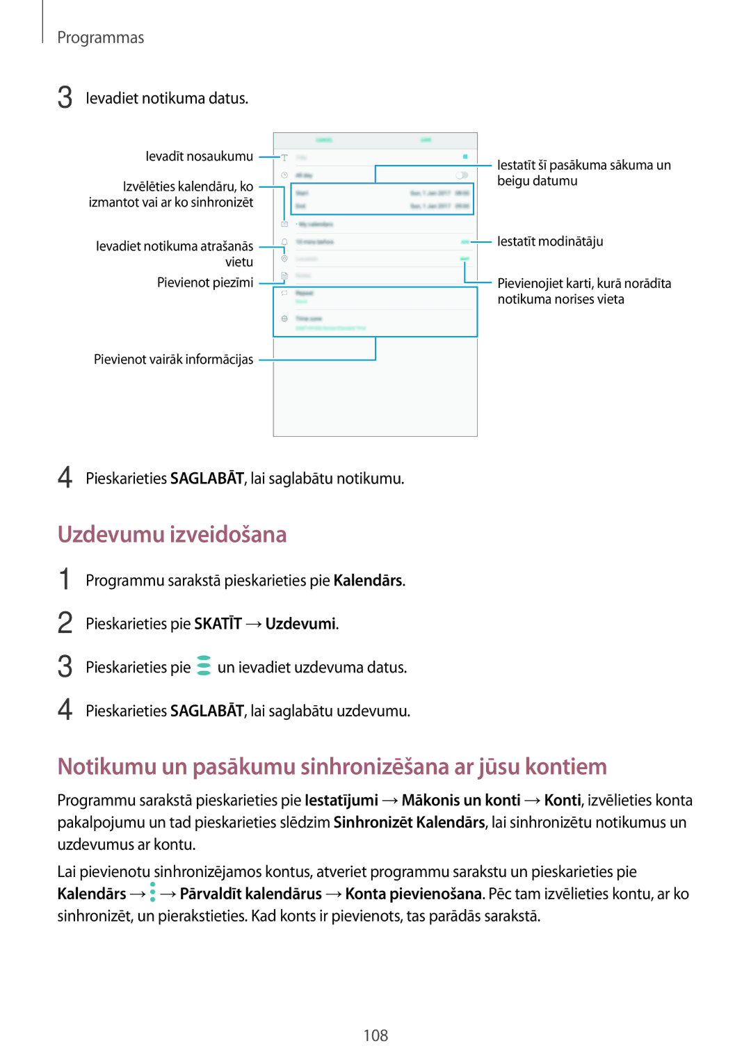 Samsung SM-T825NZSASEB Uzdevumu izveidošana, Notikumu un pasākumu sinhronizēšana ar jūsu kontiem, Ievadiet notikuma datus 