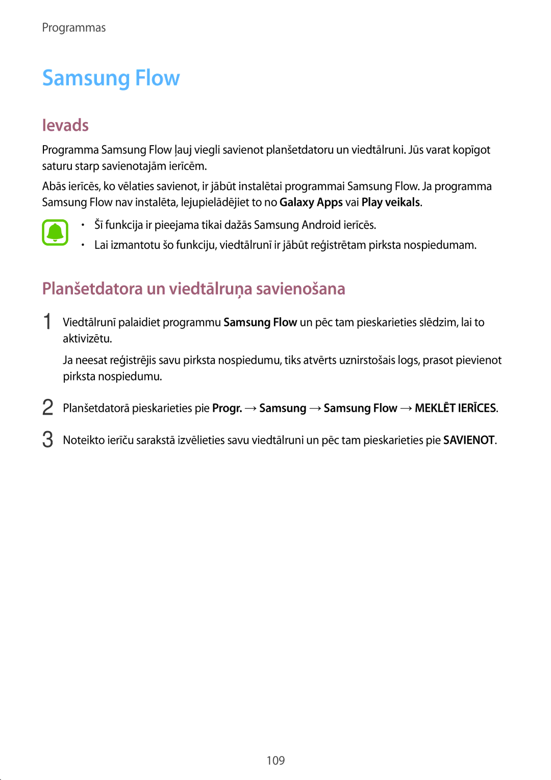 Samsung SM-T825NZKASEB, SM-T825NZSASEB manual Samsung Flow, Planšetdatora un viedtālruņa savienošana 