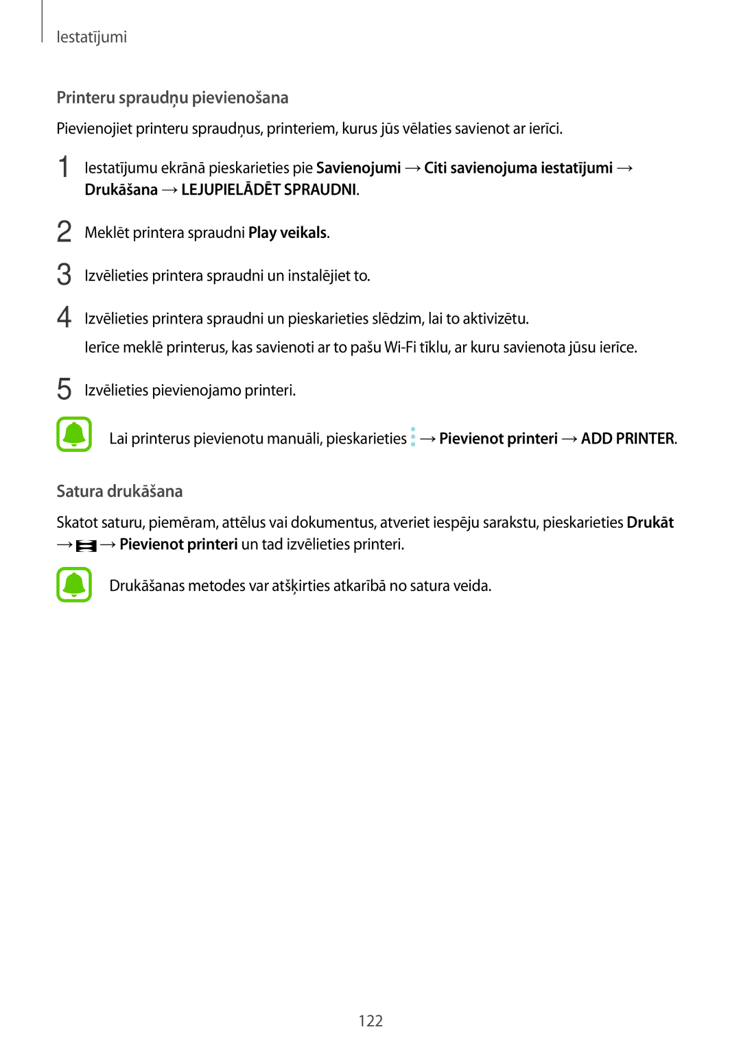 Samsung SM-T825NZSASEB, SM-T825NZKASEB manual Printeru spraudņu pievienošana 