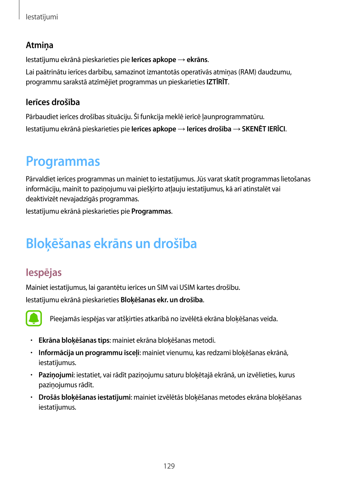 Samsung SM-T825NZKASEB, SM-T825NZSASEB manual Programmas, Bloķēšanas ekrāns un drošība, Atmiņa, Ierīces drošība 