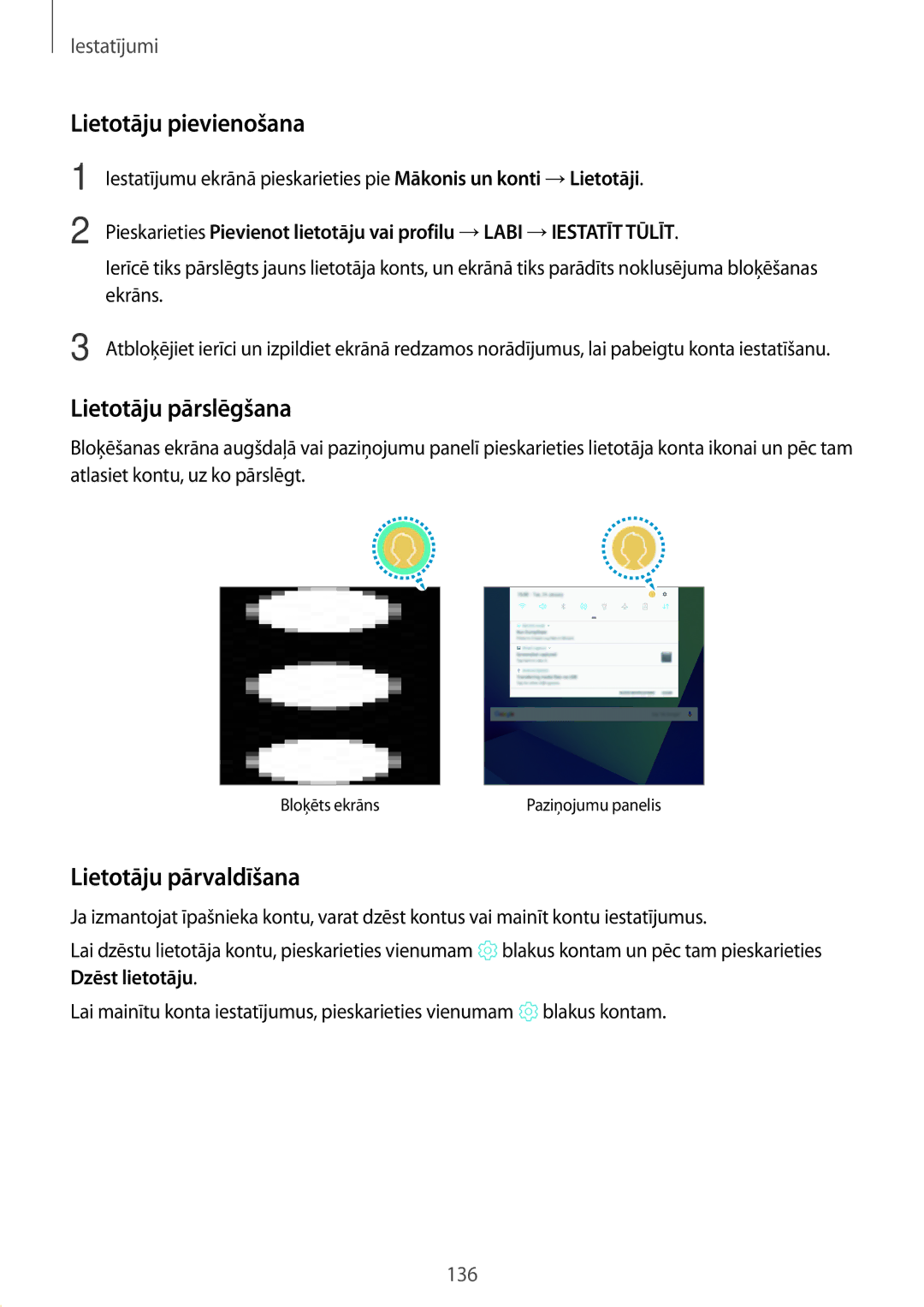 Samsung SM-T825NZSASEB, SM-T825NZKASEB manual Lietotāju pievienošana, Lietotāju pārslēgšana, Lietotāju pārvaldīšana 