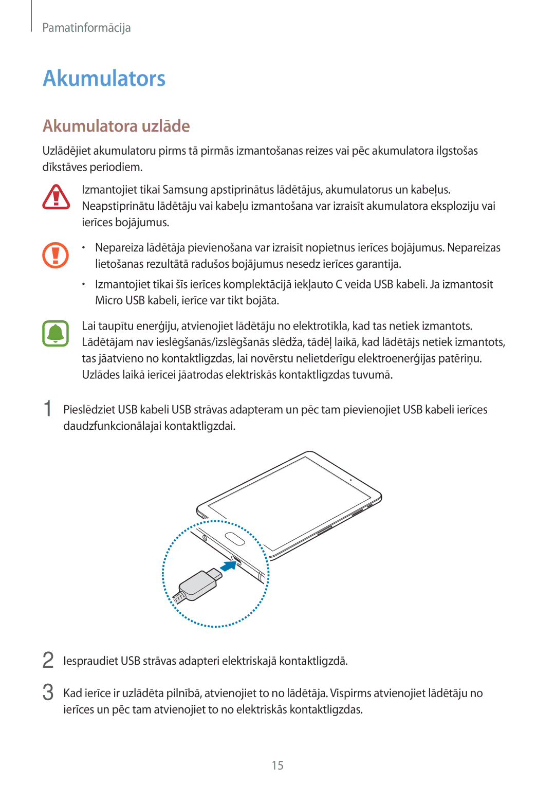 Samsung SM-T825NZKASEB, SM-T825NZSASEB manual Akumulators, Akumulatora uzlāde 