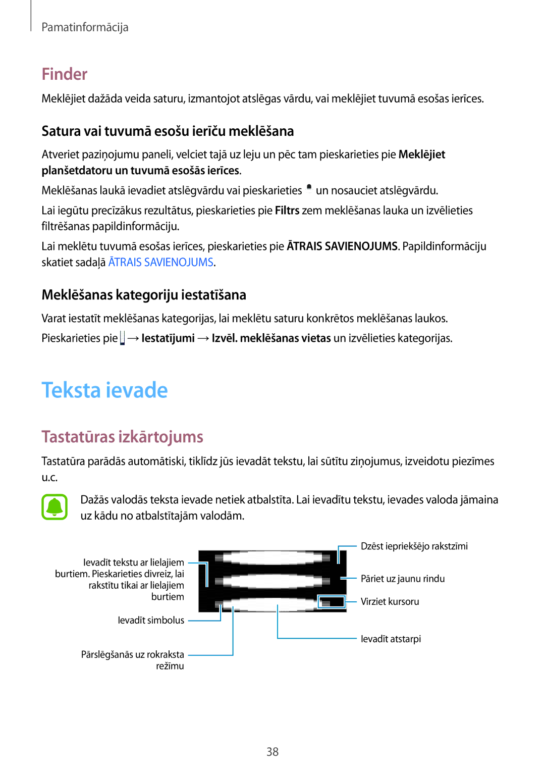 Samsung SM-T825NZSASEB manual Teksta ievade, Finder, Tastatūras izkārtojums, Satura vai tuvumā esošu ierīču meklēšana 