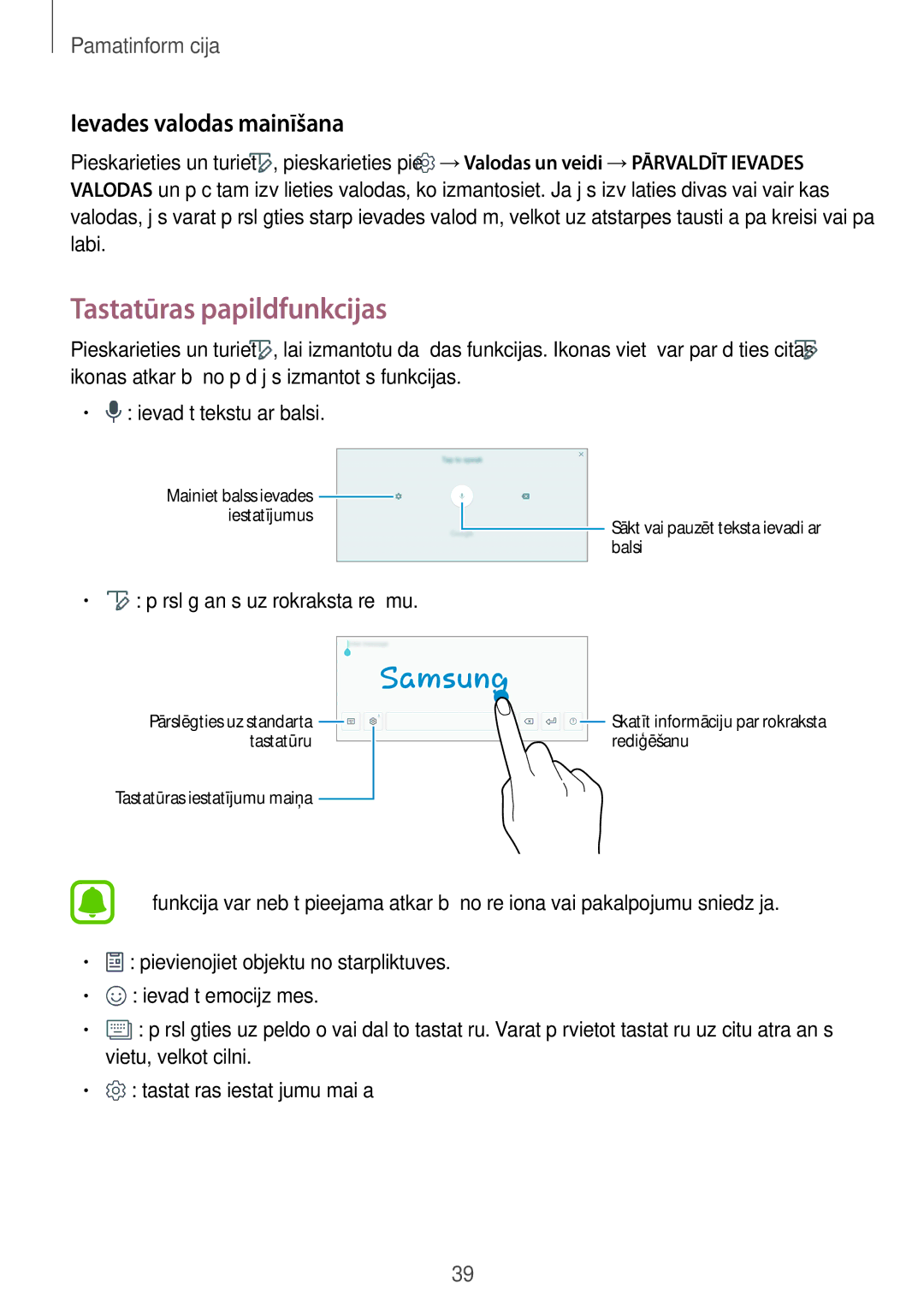 Samsung SM-T825NZKASEB manual Tastatūras papildfunkcijas, Ievades valodas mainīšana, Pārslēgšanās uz rokraksta režīmu 