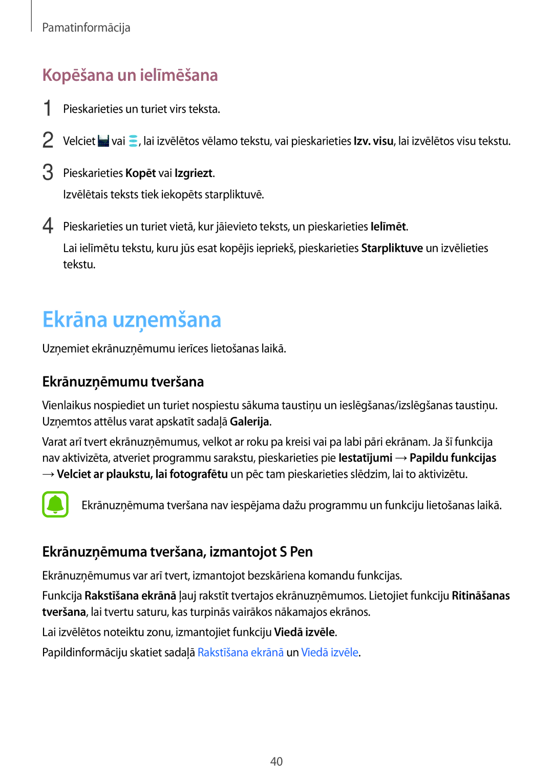 Samsung SM-T825NZSASEB, SM-T825NZKASEB manual Ekrāna uzņemšana, Kopēšana un ielīmēšana, Ekrānuzņēmumu tveršana 