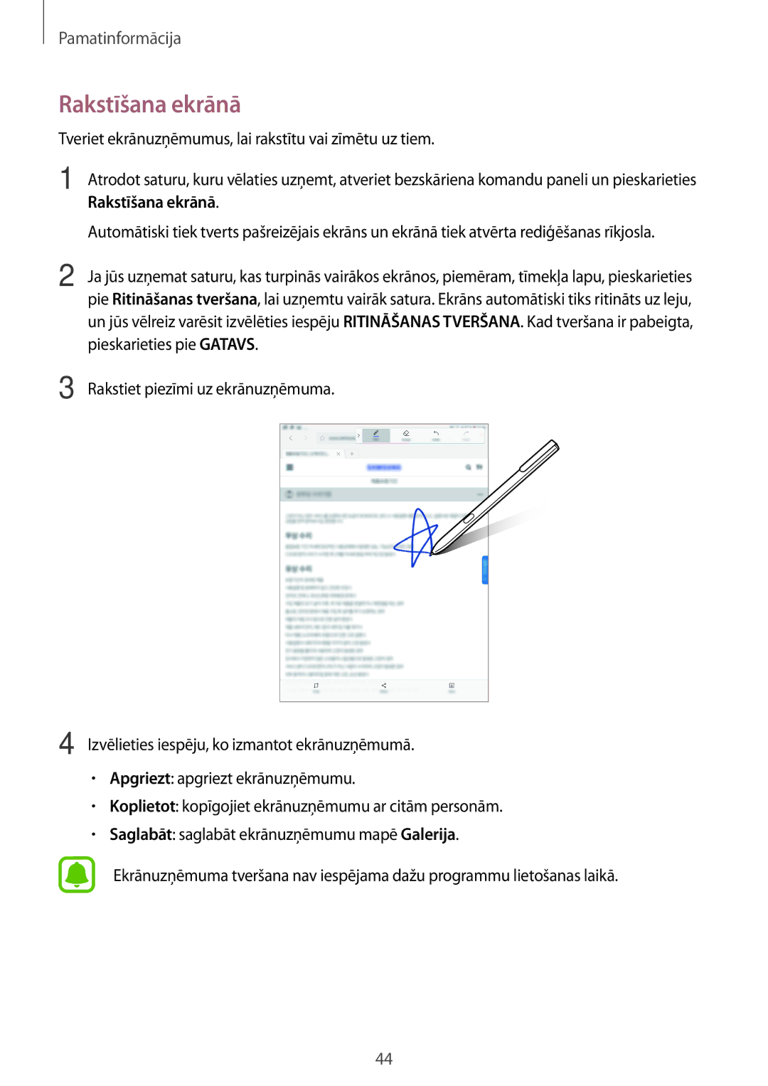 Samsung SM-T825NZSASEB, SM-T825NZKASEB manual Rakstīšana ekrānā, Tveriet ekrānuzņēmumus, lai rakstītu vai zīmētu uz tiem 