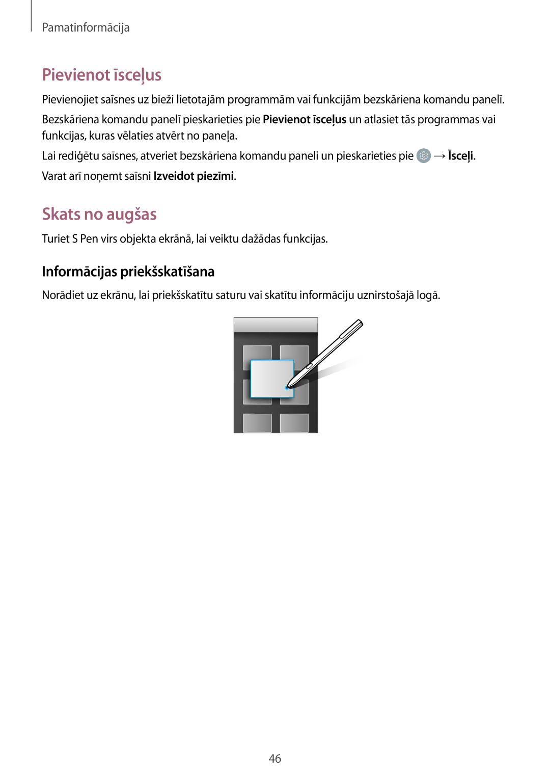 Samsung SM-T825NZSASEB, SM-T825NZKASEB manual Pievienot īsceļus, Skats no augšas, Informācijas priekšskatīšana 