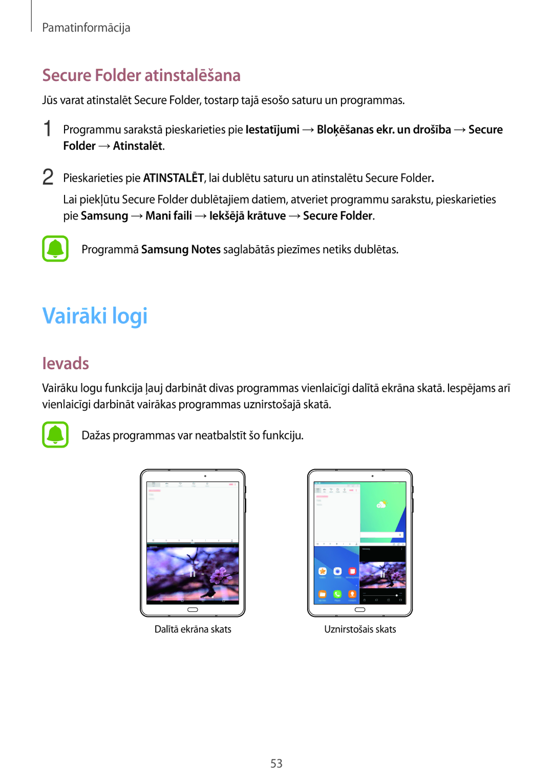 Samsung SM-T825NZKASEB, SM-T825NZSASEB manual Vairāki logi, Secure Folder atinstalēšana 