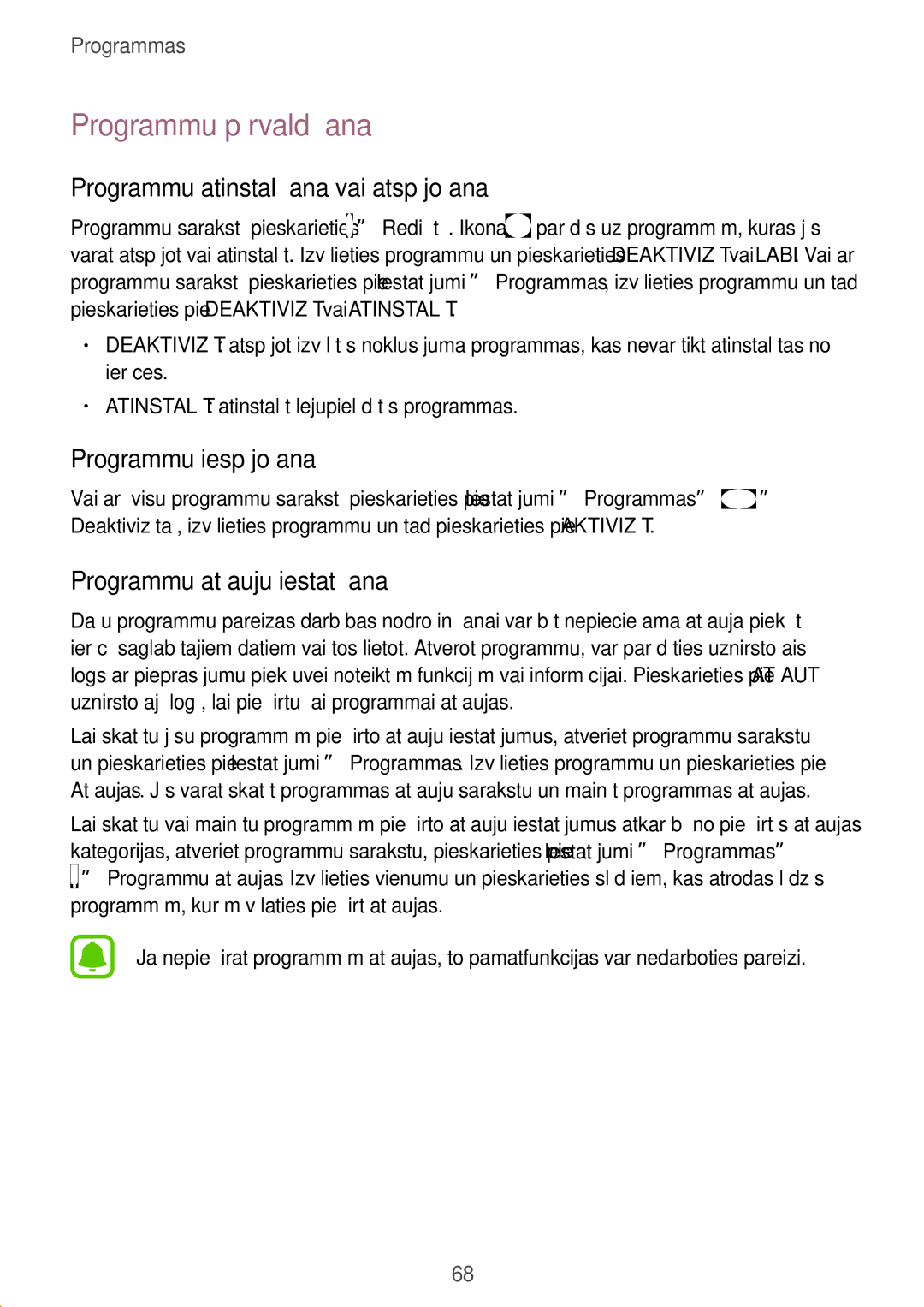 Samsung SM-T825NZSASEB manual Programmu pārvaldīšana, Programmu atinstalēšana vai atspējošana, Programmu iespējošana 