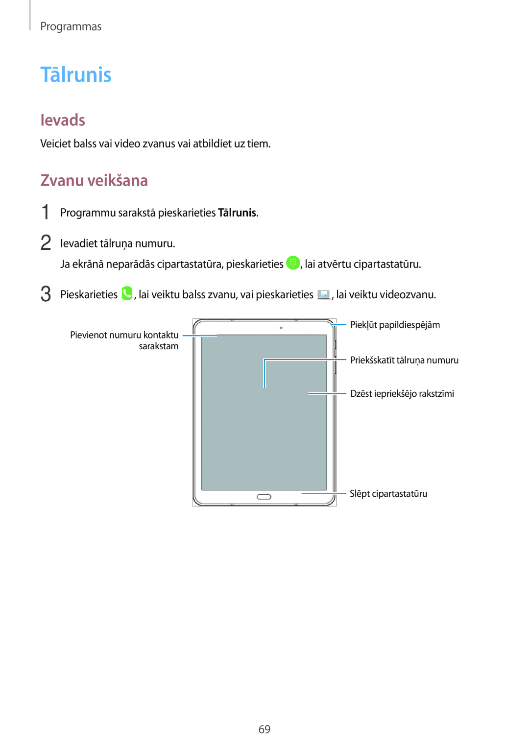 Samsung SM-T825NZKASEB, SM-T825NZSASEB manual Tālrunis, Zvanu veikšana, Veiciet balss vai video zvanus vai atbildiet uz tiem 